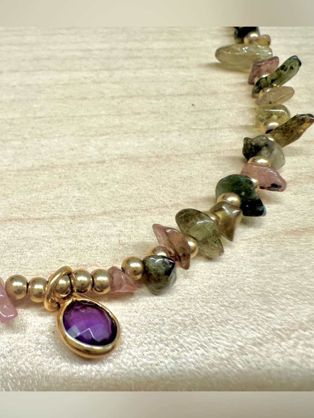 Gold Filled & Fluorite Gemstone Chips Necklace w/ 14 KT Purple Amethyst Charm